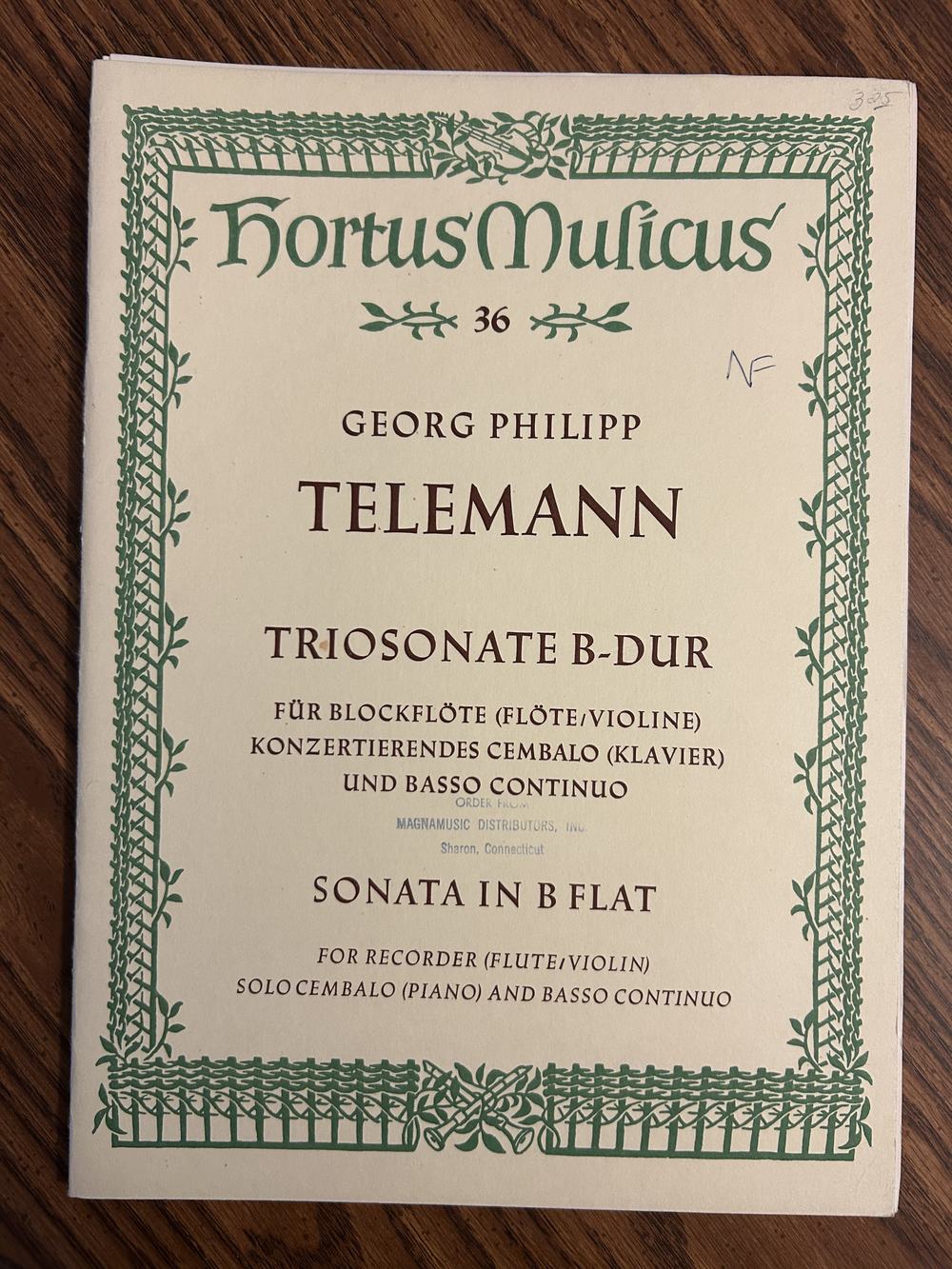 Hortus Musicus 36 : Trisonate B-Dur für Blockflöte (Flöte/Violine), Konzertierendes Cembalo (Klevier), und Basso Continuo (Sonata in B-flat for recorder (flute/violin), solo cembalo (piano) and basso continuo, photograph of this copy